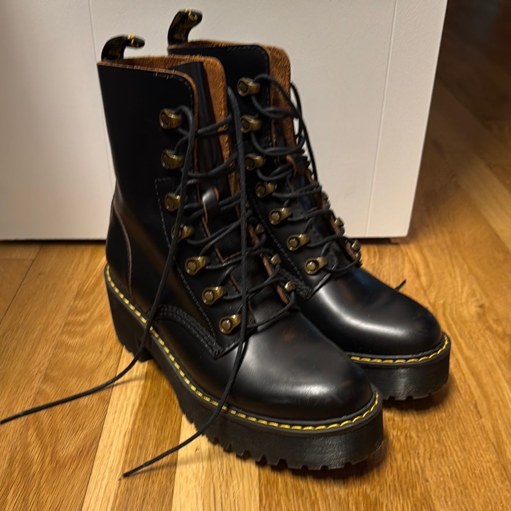 Dr. Martens Black Combat Boots with Yellow Stitching- never worn before.